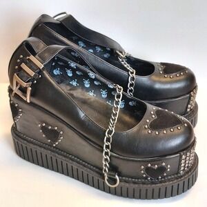 Lamoda Black Creeper Platform Wedge Mary Jane Shoes 9 Goth Stud Heart Whimsigoth